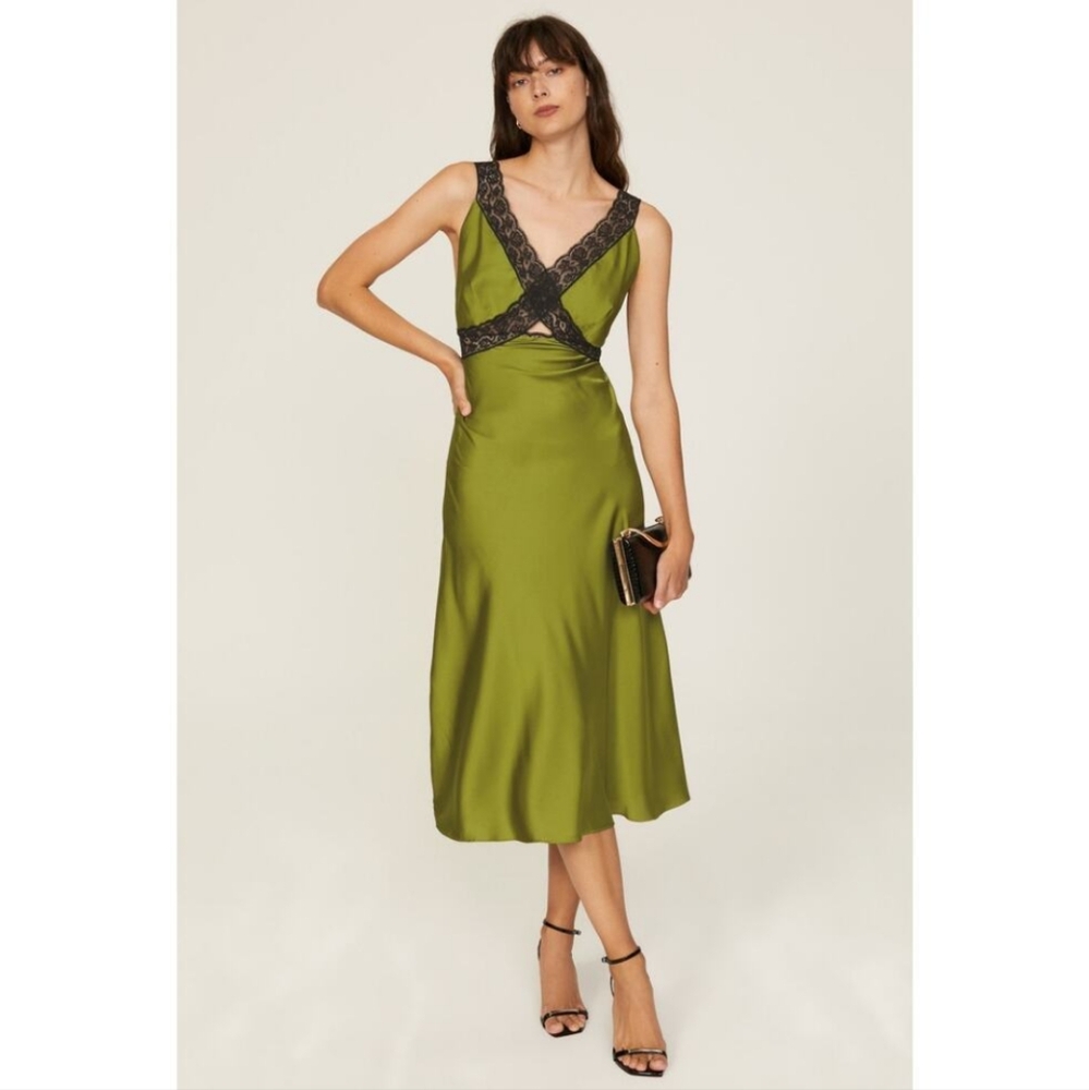 Samantha Sipos New York Nasrin Satin Lace Green Black Slip Dress Size S